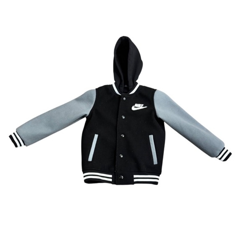 Nike Boys 4T Varsity Jacket Hoodie Black Gray Snap Front Swoosh‎